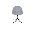 A modern, Selene blue upholstered chair, the Selene Dining Chair features a rounded backrest and seat supported by a black metal base with four curved legs, shown against a plain white background. This contemporary dining chair blends sleek style and comfort for any modern dining space.