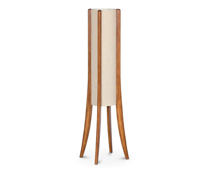 The Sendai Floor Lamp showcases a modern design with four elegantly curved wooden legs forming a striking base, finished in a light honey pine color. A tall, cylindrical fabric shade sits at the center, complementing the contemporary aesthetic.