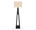 The Shangrila Floor Lamp - Black showcases an elegant design with a modern black geometric open base and a square beige lampshade, photographed against a white background.