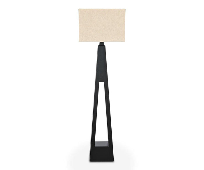 The Shangrila Floor Lamp - Black showcases an elegant design with a modern black geometric open base and a square beige lampshade, photographed against a white background.