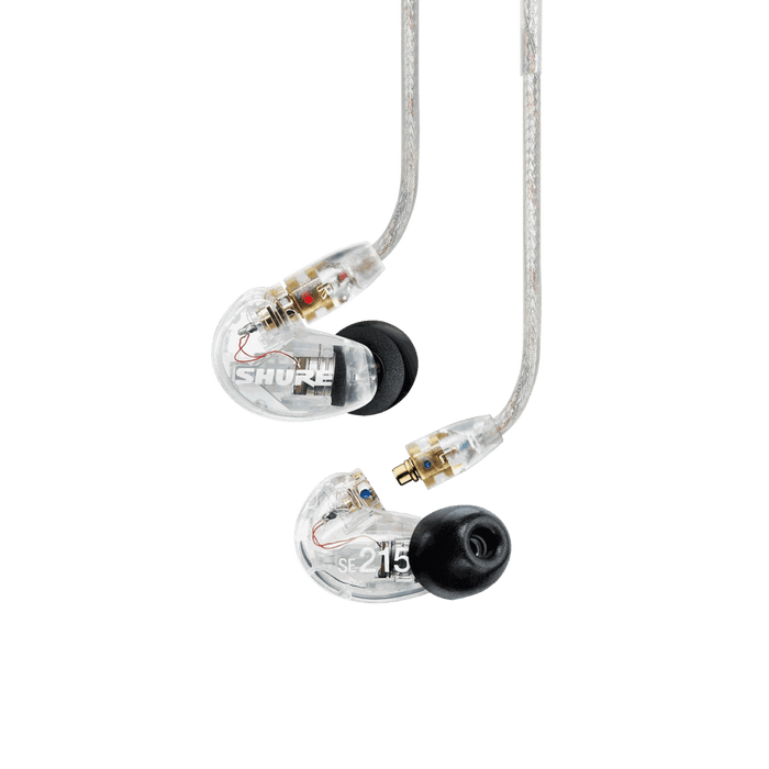 Shure SE215 Sound Isolating Earbuds with clear sound, deep bass, and detachable cables in transparent design