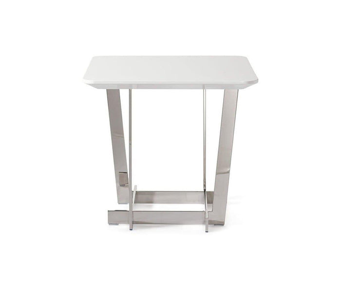 The Sieva End Table is a small, modern piece featuring a high gloss white rectangular top and angled stainless steel legs with a chrome finish, shown against a white background.