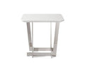The Sieva End Table is a small, modern piece featuring a high gloss white rectangular top and angled stainless steel legs with a chrome finish, shown against a white background.