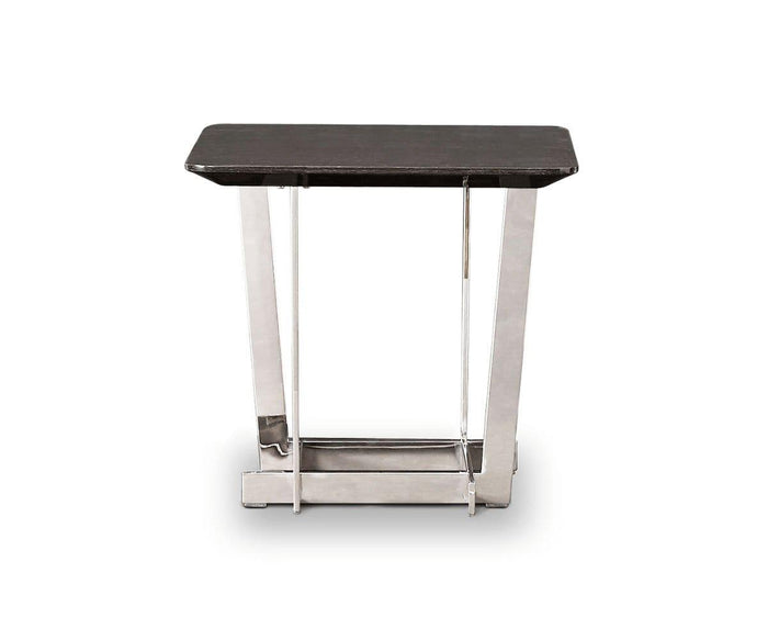 The Sieva End Table showcases a rectangular smoked oak top with a high gloss finish and sleek stainless steel legs, displayed against a white background.