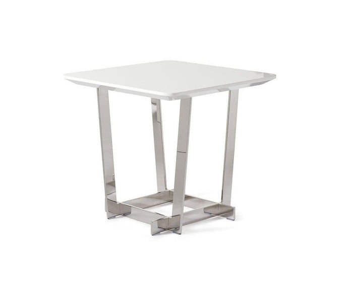 The Sieva End Table features a modern design with a high gloss white square top and sleek, angled stainless steel legs connected by a rectangular metal base, shown against a white background.