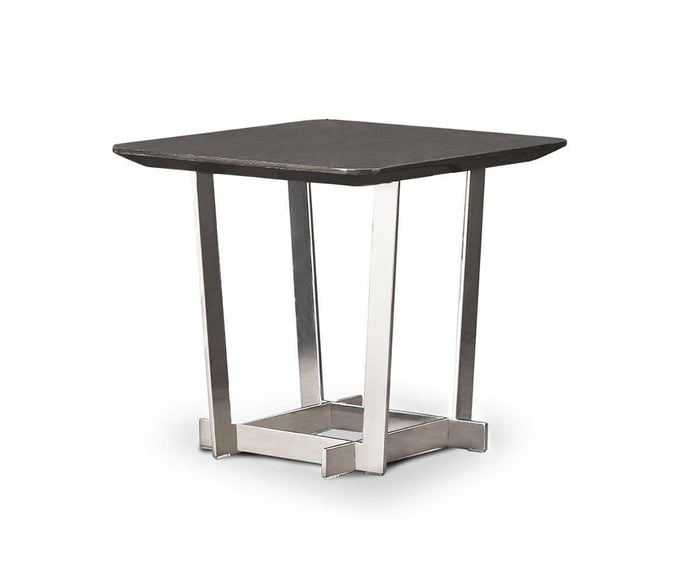 The Sieva End Table features a modern design with a black high gloss finish, sleek stainless steel legs, and a striking geometric base.