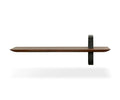 The Sigra Shelf is a minimalist wooden wall shelf in walnut, featuring an asymmetrical design with a single black metal support loop on the right side, displayed against a white background.