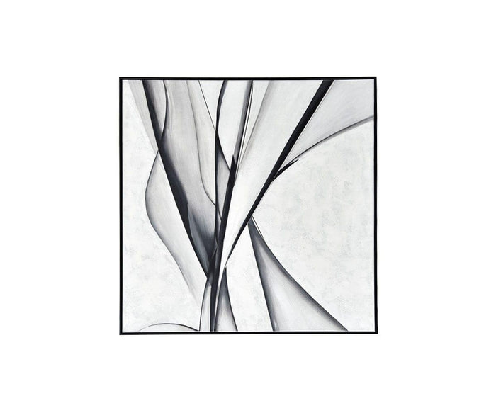 Silk Air I Oil Painting showcases a contemporary composition in grey and multi tones, featuring flowing, overlapping, semi-transparent lines that create organic shapes on a plain white background. Presented within a black frame, this artwork evokes dynamic artistry and modern elegance.
