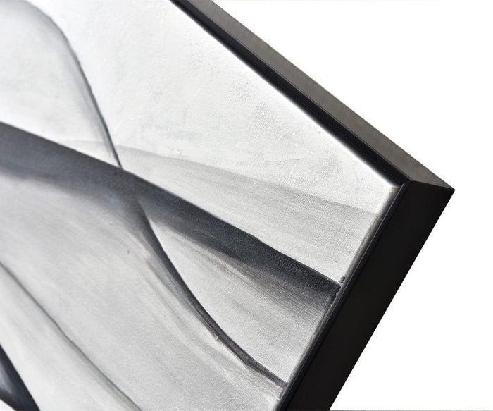 Close-up of the Silk Air I Oil Painting, a black-framed abstract artwork in grayscale featuring smooth, curved lines and gradients set against a white background—an exquisite example of contemporary elegance and dynamic artistry.