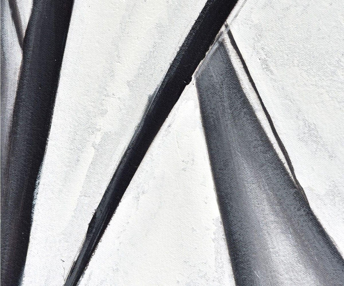 Silk Air I Oil Painting features an abstract composition of bold black and gray diagonal lines intersecting across a white textured background, forming sharp angles and striking contrast that evoke contemporary elegance and dynamic artistry.