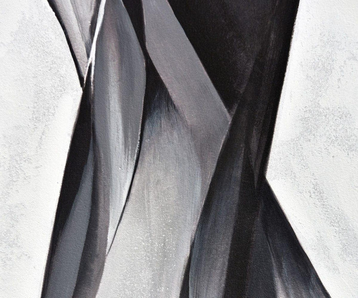 A contemporary, close-up abstraction featuring twisted, flowing forms in black, gray, and white—this artwork creates a dynamic interplay of sharp angles and soft gradients that embody modern elegance, reminiscent of the Silk Air II Oil Painting.
