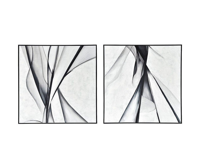 Two Silk Air II Oil Paintings, featuring flowing black and gray lines on a white background and each set in a sleek black frame, are displayed side by side—an expression of dynamic artistry that brings contemporary elegance to any space.