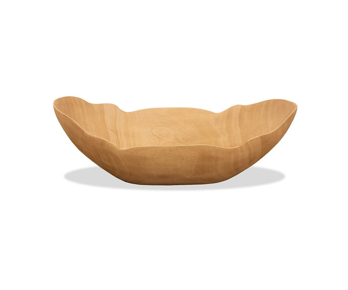 The Sindri Large Petal Bowl features gently wavy, curved edges and is handcrafted in Thailand from sustainable mango wood. It sits on a white background with a soft shadow underneath.