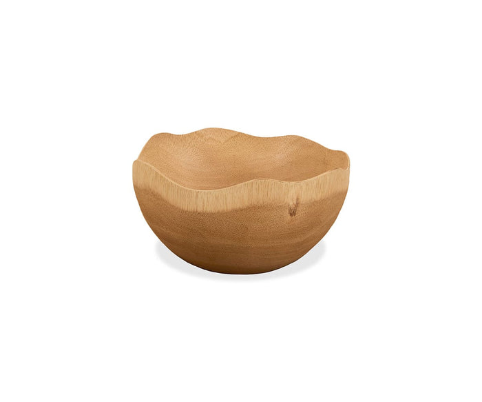 The Sindri Wave Edge Bowl, handcrafted from mango wood and featuring a wavy rim, sits on a white background, beautifully showcasing its sustainably sourced material.