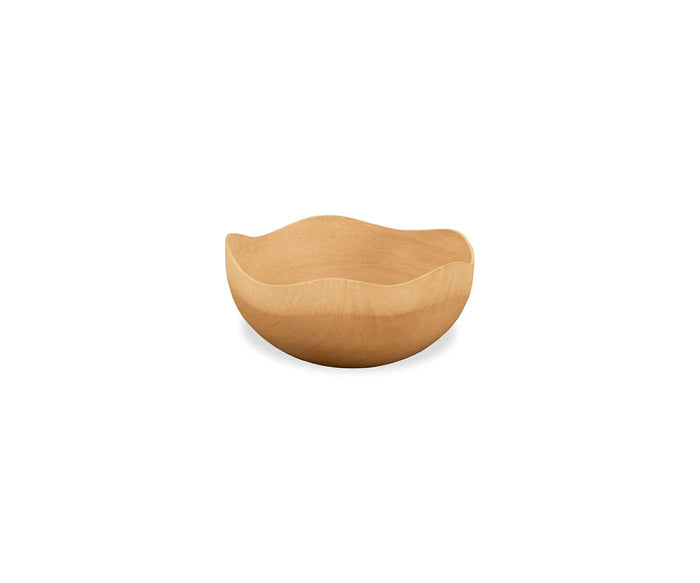 The Sindri Wave Edge Bowl, handcrafted from sustainably sourced mango wood and featuring a smooth, wavy-edged rim, sits on a white background.