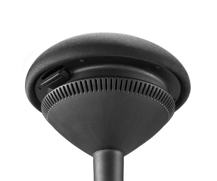 Close-up view of the underside of a round, black Sitool Desk Stool with an ergonomic design, featuring a vented section and a visible switch or port, mounted on a vertical pole against a white background.