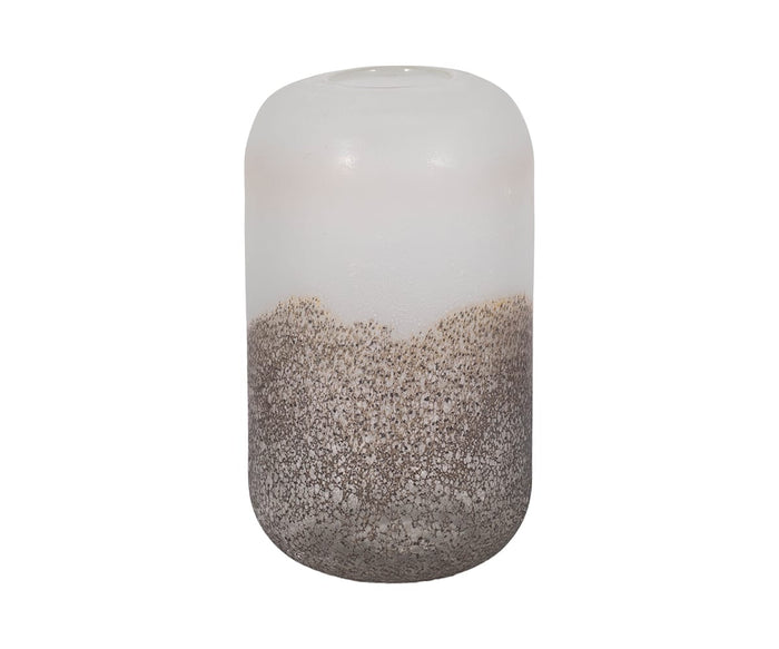 Introducing the Slate Ombre Vase in Grey/Multi—a cylindrical vessel showcasing a sleek white top that seamlessly transitions into a textured, speckled brown lower half, accented by a subtle metallic base. Perfect for lending an elegant touch to contemporary decor, this piece is photographed against a plain white background.