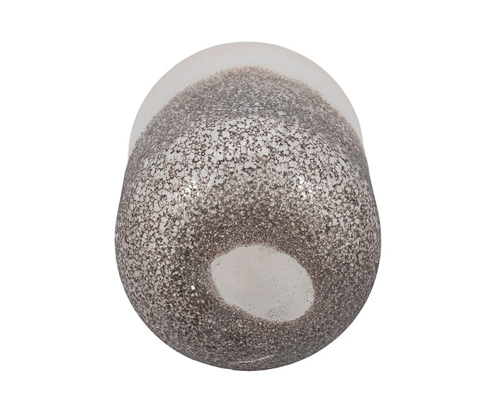 A round glass Slate Ombre Vase featuring a white base and a silver, glittery, speckled texture over most of its surface is shown from above on a white background—an elegant accent perfect for contemporary decor.
