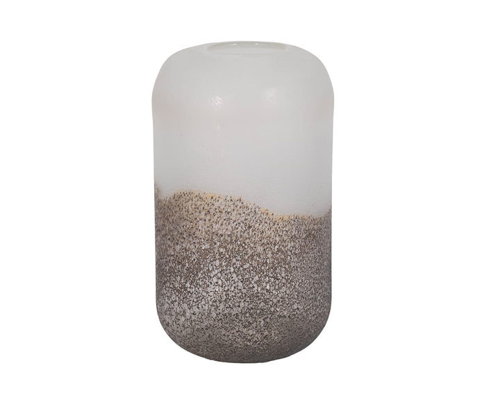 The Slate Ombre Vase features a smooth, rounded ceramic form with a minimalist, modern design. Its top half is finished in crisp white, seamlessly blending into a textured, speckled brown lower half—making it perfect for contemporary decor. The vase is displayed on a plain white background.