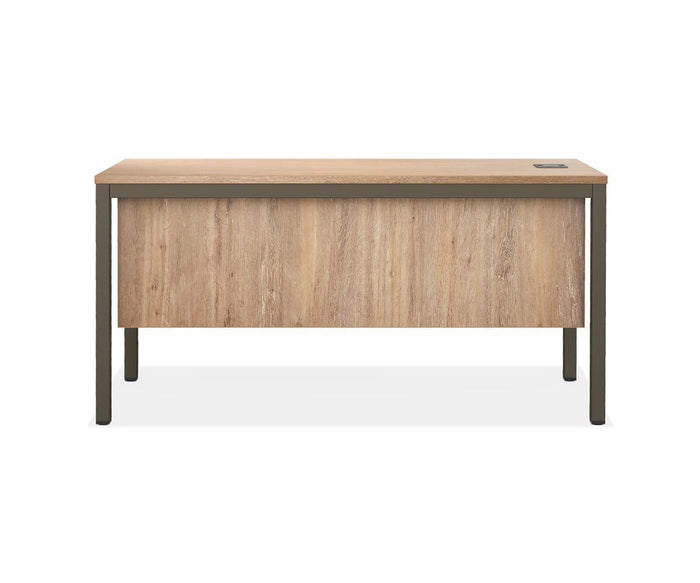 Introducing the Slater 47″ Desk, a contemporary office desk showcasing a sleek rectangular design with an Oak Driftwood finish and sturdy black metal legs. This desk features a convenient cable management hole in the top right corner, perfect for keeping your workspace organized. The product is displayed against a white background.