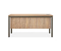 Introducing the Slater 47″ Desk, a contemporary office desk showcasing a sleek rectangular design with an Oak Driftwood finish and sturdy black metal legs. This desk features a convenient cable management hole in the top right corner, perfect for keeping your workspace organized. The product is displayed against a white background.