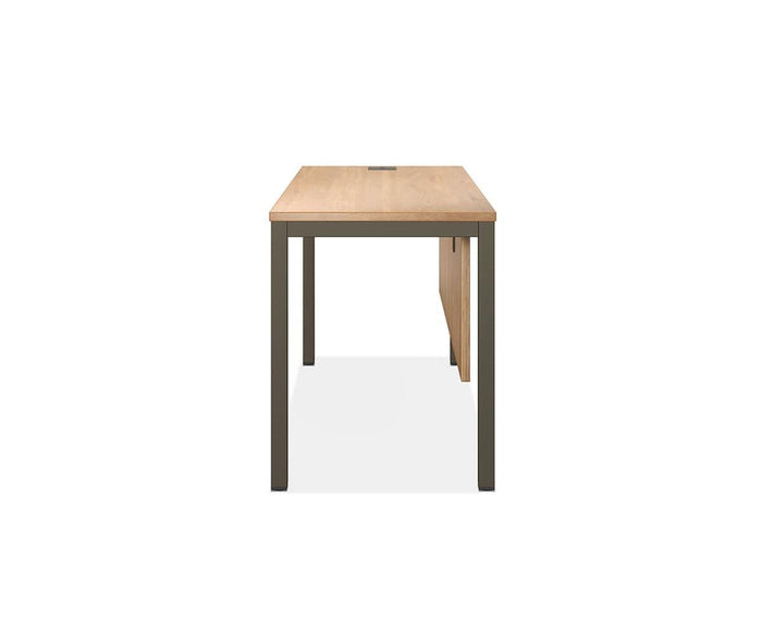 The Slater 47″ Desk is showcased from the front against a white background, featuring a contemporary design with a light-colored wood grain tabletop, dark metal legs, and a modesty panel. This sleek desk seamlessly blends style and function for any modern workspace.