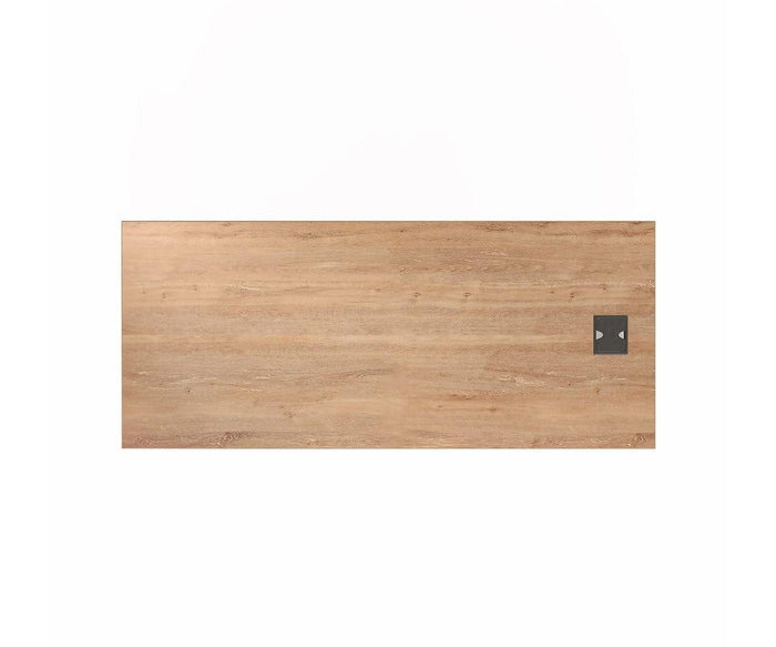 The Slater 47″ Desk features a rectangular tabletop with a light brown wood grain finish and includes a small black square, likely an outlet or control panel, near one corner. Ideal for a contemporary office setting, this desk stands out against the clean white background.