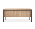 The Slater 63″ Desk in Oak Driftwood is a rectangular contemporary desk featuring a striking wood grain veneer, sturdy metal legs, a modesty panel, and a convenient cable management hole on the top right corner.