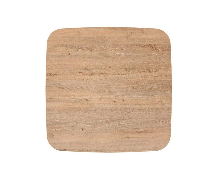 A top-down view of the Slater Bar Height Square Meeting Table showcases its square wooden tabletop with rounded corners and a natural light wood grain finish, making it an ideal choice for adding a contemporary yet welcoming touch to your dining space.