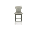 A Slater Bar Stool in Slate Grey Driftwood with a curved backrest and wooden legs, featuring a cushioned seat, is shown from the front and centered on a white background.