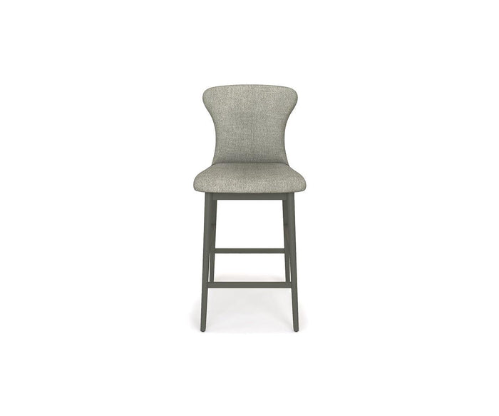 A Slater Bar Stool in Slate Grey Driftwood with a curved backrest and wooden legs, featuring a cushioned seat, is shown from the front and centered on a white background.