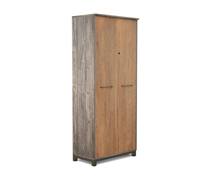 The Slater High Cabinet With Doors is a tall, rectangular wooden piece from the Slater Collection featuring two doors, a striking wood grain pattern, gray-toned sides, and minimalist black handles. It stands on short legs and is displayed against a white background.