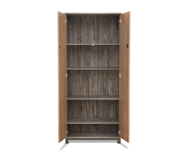 A tall wooden Slater High Cabinet With Doors stands with both doors open, displaying five empty shelves inside. The dark, richly grained wood interior contrasts elegantly with the lighter-toned wood exterior, creating a refined look characteristic of the Slater Collection.