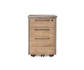 Introducing the Slater Mobile Pedestal in Oak/Slate Grey Driftwood, a wooden filing cabinet designed with three lockable drawers featuring sleek metal handles and smooth black caster wheels, all showcased against a white background.