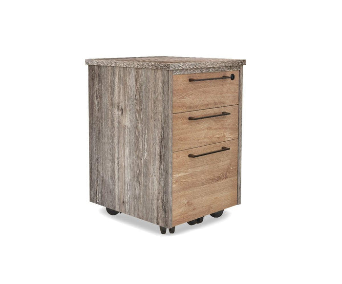 The Slater Mobile Pedestal is a compact storage solution with a wood grain finish, three lockable drawers, black handles, and convenient wheels on the bottom, displayed against a white background.