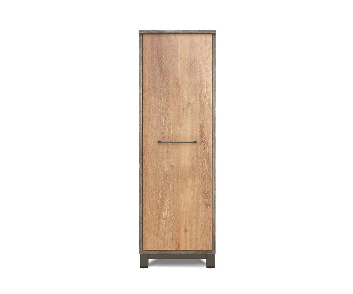 A tall, narrow Slater Single Height Cabinet in an Oak/Slate Grey Driftwood finish features a single vertical door with a simple metal handle and stands on short legs against a plain white background—seamlessly blending practicality with modern wood grain style.