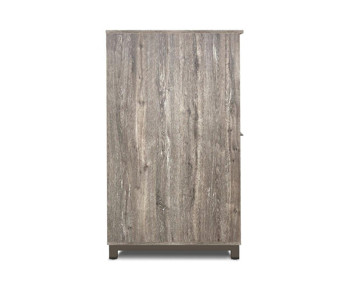 The Slater Single Height Cabinet is a tall, rectangular wooden cabinet featuring a weathered gray finish, shown from the front with its door closed. This contemporary piece showcases a simple, modern design and stands on short legs, emphasizing its elegant wood grain furniture appeal.