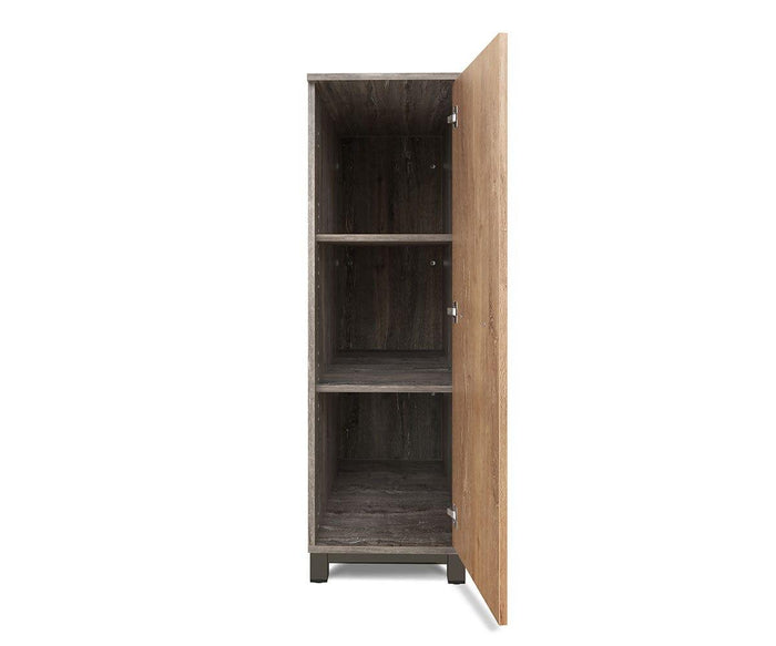 The Slater Single Height Cabinet is a tall wooden cabinet featuring three shelves and a partially open door that reveals its empty, dark wood interior. This contemporary piece highlights elegant wood grain design, making it a stylish addition to any modern space.