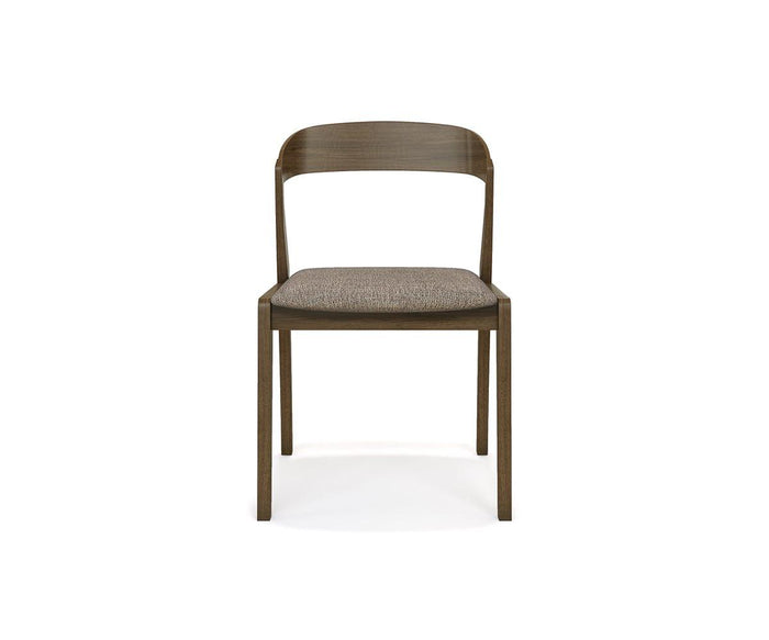 The Soro Dining Chair in Soro Mocha features a curved wooden backrest and a cushioned fabric seat, displayed from the front against a white background.
