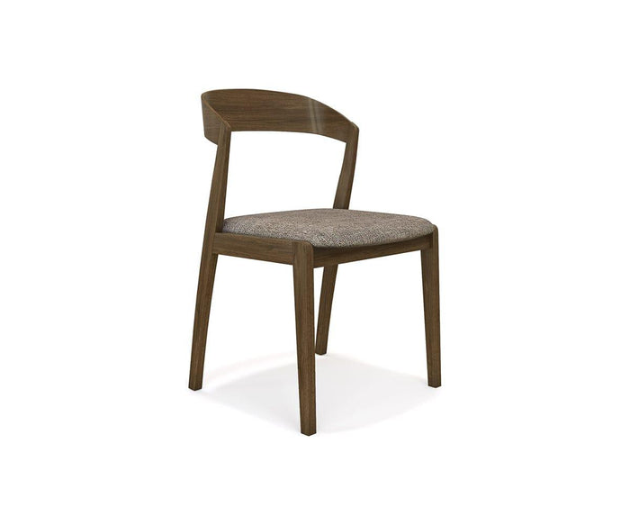 The Soro Dining Chair features angled legs, a curved backrest, and a padded, textured seat cushion. Its modern, minimalist design is finished in dark wood and is presented against a plain white background.