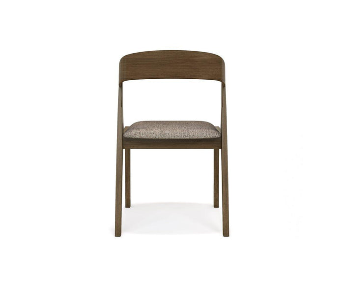 The Soro Dining Chair, shown from the front against a white background, features a mid-century design with a wooden frame, a curved backrest, and a cushioned upholstered seat.