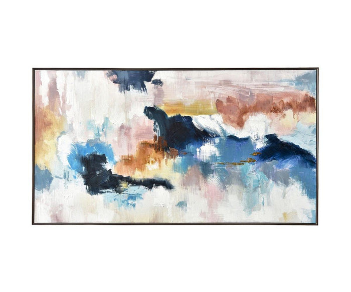 Introducing the “Spring Valley Oil Painting,” a stunning piece of abstract wall art showcasing bold brushstrokes in a mix of blue, black, white, and brown tones on a light background. Framed with a sleek black border, this multi-color artwork is the perfect addition to contemporary decor.