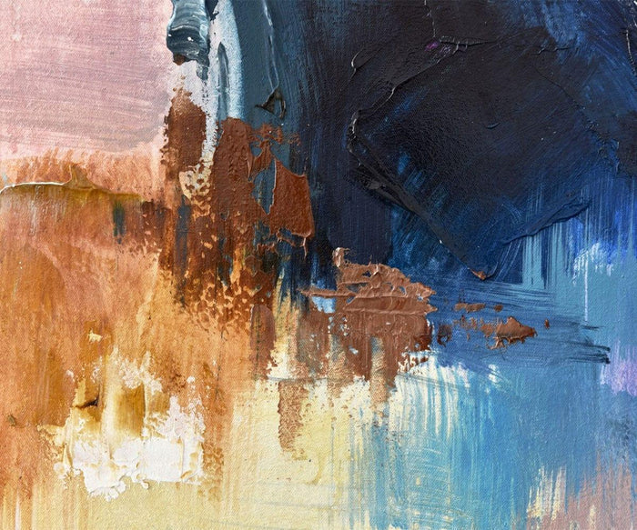 Introducing the Spring Valley Oil Painting, featuring textured strokes of blue, beige, brown, black, and pink. Various shades blend and overlap to form a dynamic composition with both rough and smooth areas that evoke movement and depth. Ideal as abstract wall art, the Spring Valley Oil Painting brings vibrant energy to any contemporary decor.