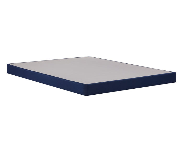 The Stearns & Foster® Low Profile Foundation is a rectangular upholstered foundation featuring a light-colored top and dark blue sides, designed to provide sturdy mattress support, shown on a white background.