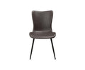 The Steele Dining Chair, a modern mid-century dining chair with a curved grey leather seat and backrest and four slender black metal legs, is shown against a plain white background.
