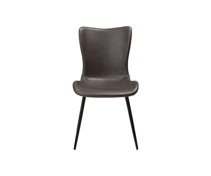 The Steele Dining Chair, a modern mid-century dining chair with a curved grey leather seat and backrest and four slender black metal legs, is shown against a plain white background.