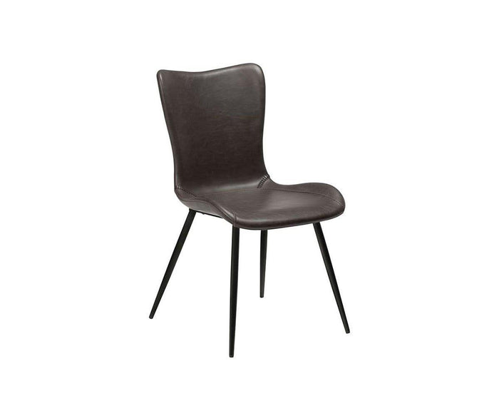 The Steele Dining Chair is a modern, mid-century inspired piece featuring a dark brown, curved leather seat and backrest, supported by four black, angled metal legs, all set against a plain white background.