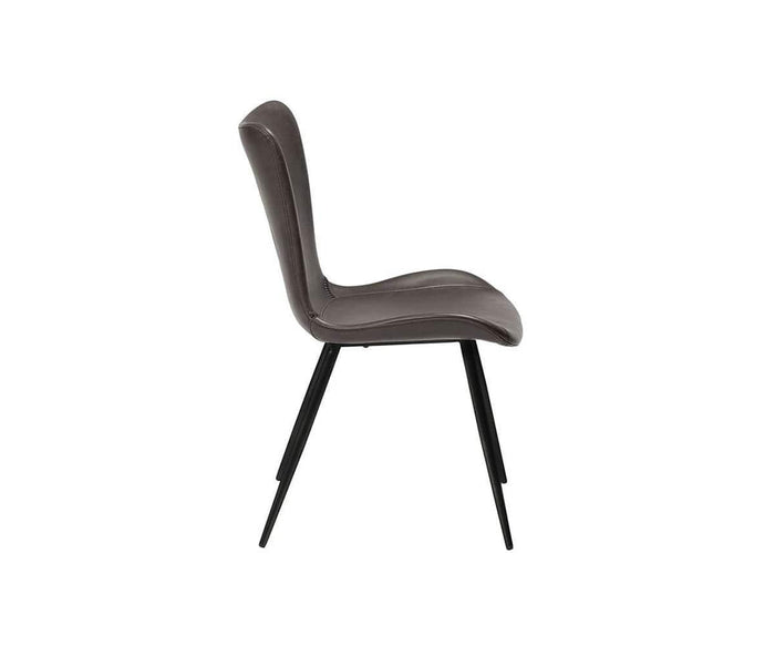 The Steele Dining Chair is a modern cushioned dining chair featuring a curved, padded brown seat and backrest, supported by four slender black metal legs, displayed in a side view against a white background.