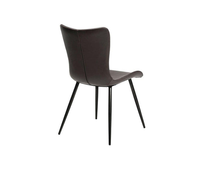 The Steele Dining Chair showcases a modern, mid-century design with a curved dark brown backrest and seat, supported by four slender black metal legs. Its elegant silhouette and sturdy metal frame offer both style and comfort to any dining space, as seen from a rear angle against a white background.