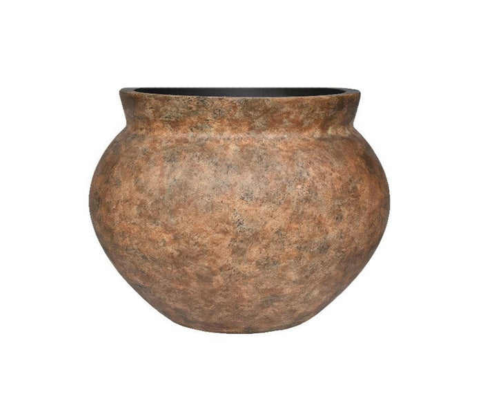 The Stilla Planter is a round, brown, rustic clay pot featuring a wide body, narrow base, and slightly flared rim; this frost-resistant planter is displayed against a plain white background.
